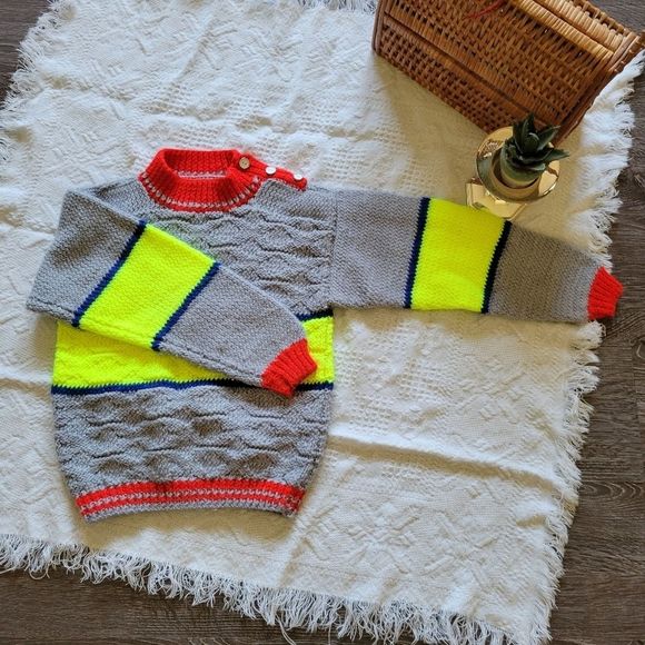 Handmade Kids Wool Knit Sweater Colorblock with Shoulder Buttons - Picture 6 of 6